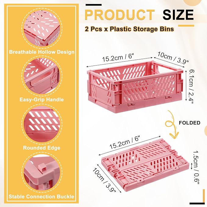 uxcell 2Pcs Small Plastic Storage Baskets, 6 x 3.9 x 2.4 Stackable Foldable Storage Bins with Handles Collapsible Crates for Home Office Shelves Closet Books Organizing, Pink