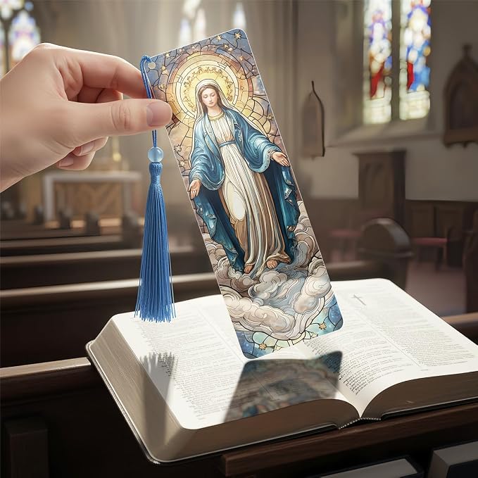 4 Pcs Stained Glass Religious PVC Bookmarks Gifts with Tassels, Catholic Saints Transparent Bookmarks for Reading Women, Christian Prayer Accessories, Bible Gifts for Book Lovers