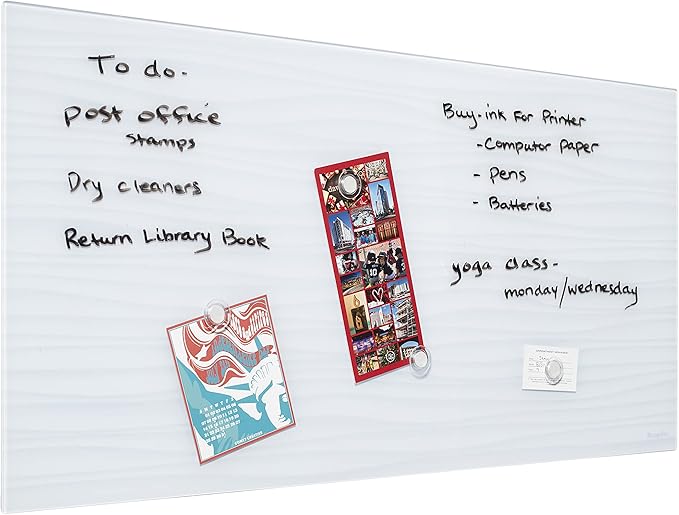 ECR4Kids MessageStor Dry-Erase Glass Board and Magnets, Office Essentials, White Waves