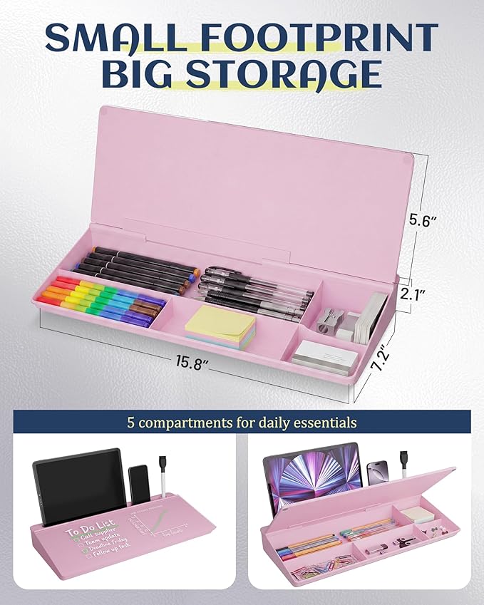 Glass Desktop Whiteboard, Dry Erase Board with Marker Holder, Computer Monitor Message Board and Desk Organizer for Home, Office and School Supplies (Pink)