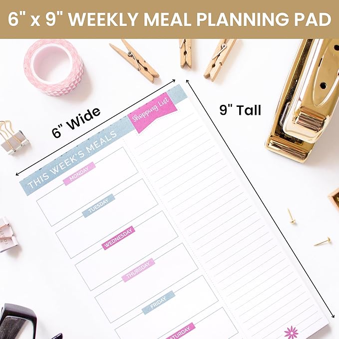 bloom daily planners Weekly Meal Planning Pad - Magnetic Hanging Refrigerator Menu Planner with Tear-Off Sheets & Perforated Grocery Shopping Lists - 6” x 9” (Pink & Teal)