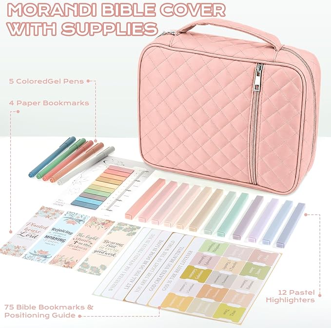XKDOUS Quilted Bible Cover Case with Bible Study Accessories Kit, Waterproof Large Capacity Bible Bag for Women Men, Portable for Church Study, Multiple Morandi Color Options (Pink)