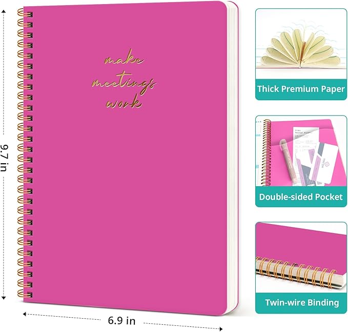 Meeting Notebook for Work Organization - Work notebook with action items, Meeting Minutes Planner Notebook, Perfect Office Supplies for Men & Women - Berry Pink