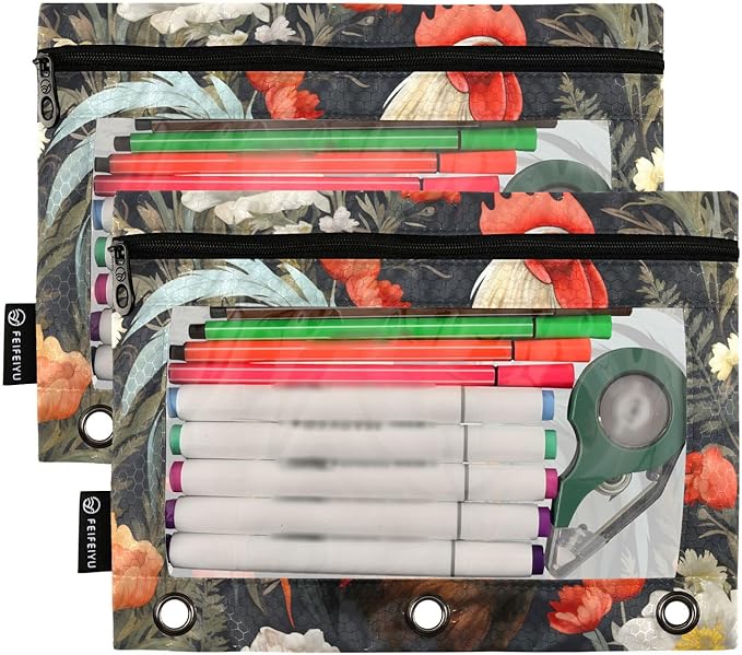 2 Pack 3 Ring Binder Pencil Pouch Cock Pencil Case Pencil Bags with Zipper, Clear PVC Binder Pockets for Office Daily Supplies