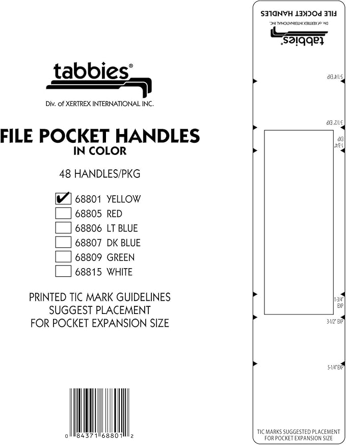 Tabbies File Pocket Handles, 9.63 X 2, Yellow/White, 4/Sheet, 12 Sheets/Pack