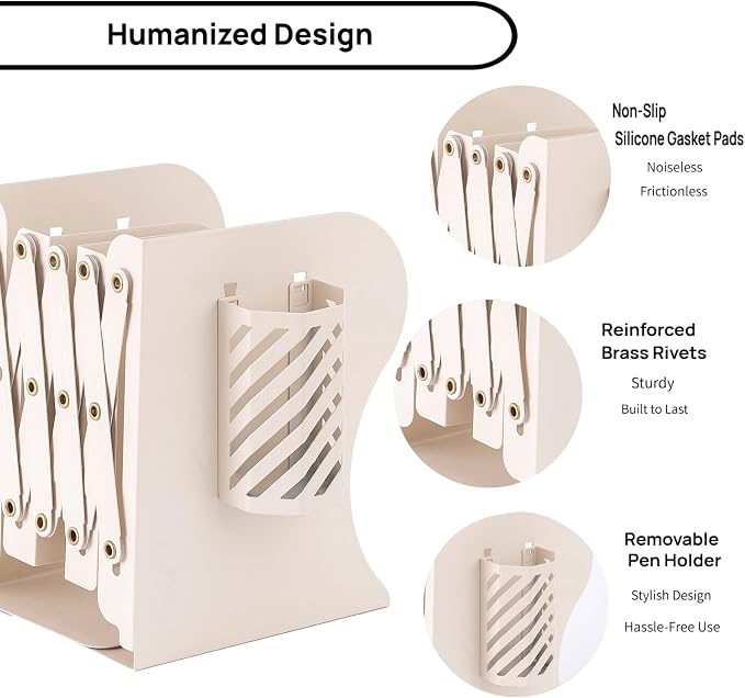 Adjustable Book Ends for Heavy Books, Metal Expandable Bookends for Shelves, Book Organizer Stopper Holder for Desk, Kids Room, Classroom, Office, Library (Beige)