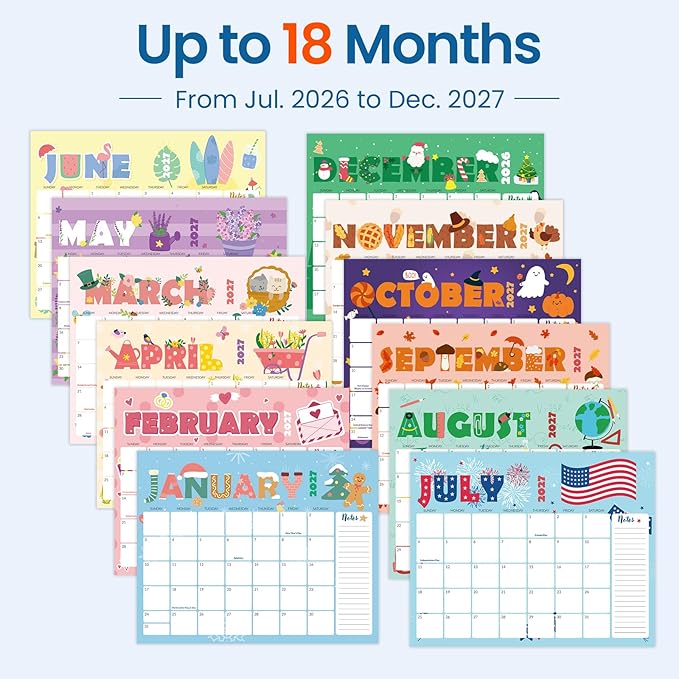 SUNEE 2026-2027 Calendar - 18 Months Wall Calendar Jul. 2026 - Dec. 2027, 14.5"x11.5" Big Grid Hanging Calendar with Note for Organizing & Planning, Cute