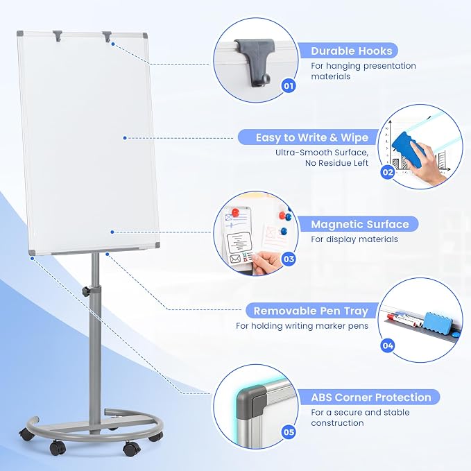 MAKELLO Rolling Whiteboard 3' x 2', Height Adjustable Dry Erase Board on Wheels, Mobile White Board for Office School Classroom Home Restaurant, Aluminum Frame, 36x24 in