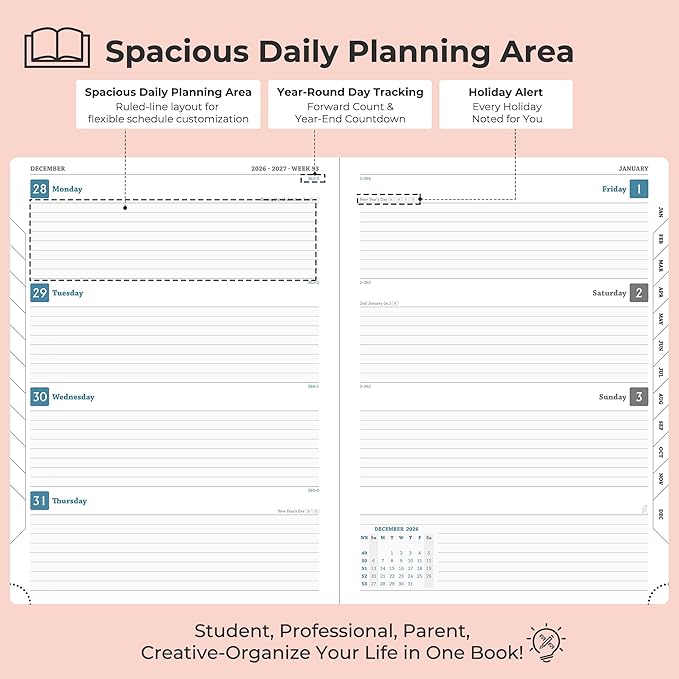 Weekly Monthly 2026-2027 Planner (July 26-Dec 27),11.5"x8.5",18 Months Agenda Plan with Month Tabs & Pocket,Expenses/Note Pages, Academic Calendar with Vegan Leather Cover,Pink