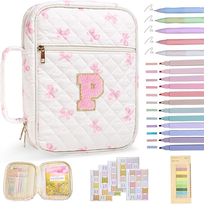 Initial Bible Cover Case for Women Girls Kid Large Bible Cover with Durable Handle Quilted Bible Carrying Case for Girls Bible Study Supplies Accessories (Pink Bow P, one Size)