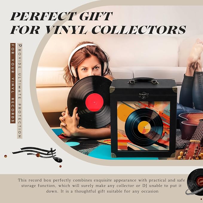 Amyhill Vinyl Record Storage Box with Display Window, Holds 30-35 Single Records 7/10/12 Inch Albums, PU Leather Record Case with Lid & Handle, Water-resistant Lp Storage for Records(Black,PU)