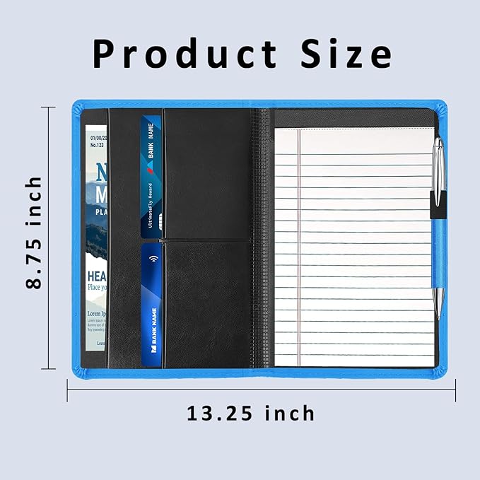 A5 Padfolio Business Portfolio Folder,Junior Size Document Folder Organizer, Padfolio with Interior Pocket and Pen Loop, 5 x 8 Writing Pad Included, Blue