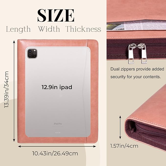 Calfinder Leather Portfolio for Women,Business Portfolio Organizer with Zipper,Pink Portfolio Binder, Interview Resume Folder with Card Holder, A4 Letter Document Organizer,Gift for Women