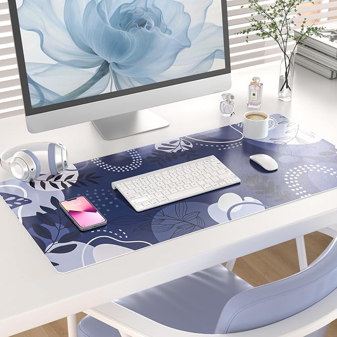 Colorful Star Large Mouse Pad, Botanical Desk Mat Office Supplies, Waterproof Faux Leather Big Gaming Mousepad, Blue Tropical Plants Desk Pad Home Office Décor Accessories 31.5" x 15.7"