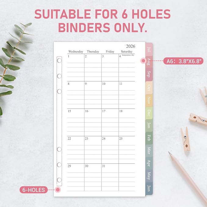 2026-2027 Monthly Planner Refill for A6 6-Ring Binders, 3.8"x6.8" Small Size Planner Inserts, Jul. 2026 - Dec. 2027, 18 Monthly Calendars with Colorful Laminated Tabs, 6-Hole Punched