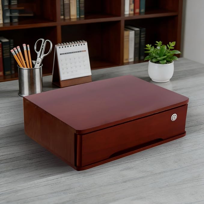 Wooden Desktop Storage Box with Lockable Drawers, Flat File Cabinet Drawer Desktop Storage Box, Countertop Storage Cabinet for Office Home Toiletries Supplies Vanity (Walnut, 1 Drawer)