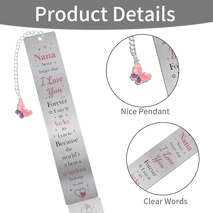 Nana Gifts Metal Bookmark and Pen Set, Nana Birthday Gift Book Mark with Butterfly Pendant, Page Marker Clip Reading Gift for Grandmother Mothers Day Retirement Grandma Gifts