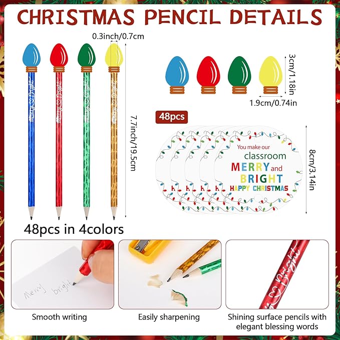 48 Sets Light Bulb Eraser Cute Mini Light Bulb Pencil Erasers with Merry Bright Cards Bag Multicolor Tiny Erasers for Back to School Party Gifts Rewards