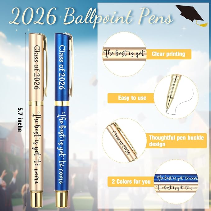 Affrolling 12 Sets Class of 2026 Graduation Gifts Bulk – Graduation Pens, Compass Bookmarks, Cards & Clear Gift Bags, Inspirational Party Favors for Students & Teachers(Blue,Gold)