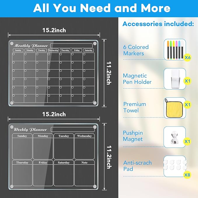 MIKEDE 2 Pack Acrylic Magnetic Calendar for Fridge, 15.2"x11.2" Reusable Dry Erase Magnetic Board with 6 Color Highlight Markers, Monthly and Weekly Planner with Strong Fridge Magnets for Refrigerator