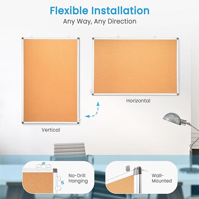 Double-Sided Cork Bulletin Board for Wall, WALGLASS 36" x 24" Hanging Wall Mounted Notice Board, Pin Display Vision Cork Board, Aluminium Framed Large Message Corkboard for Office, Home, School
