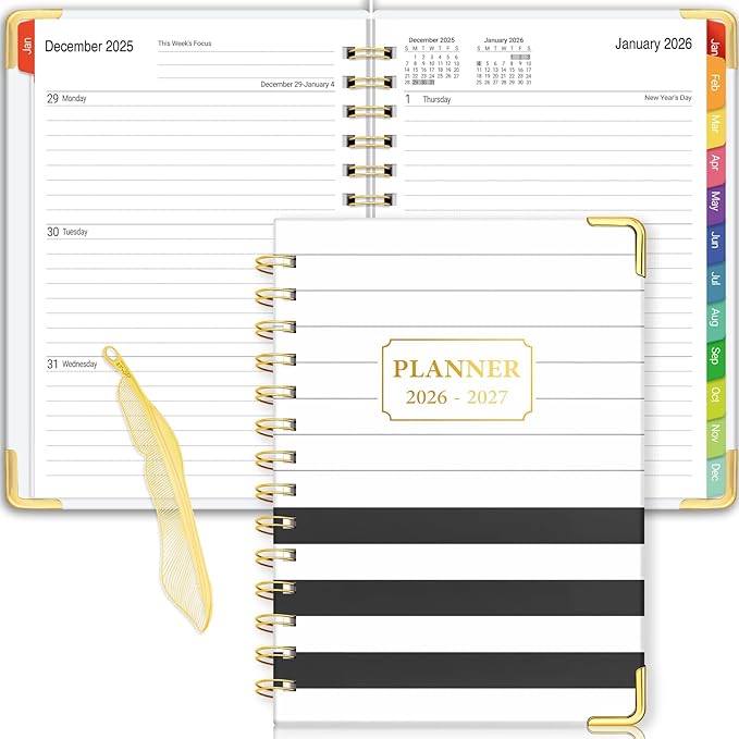 Daily Planner 2026-2027, 18 Month Planner with Tabs, January 2026 - June 2027 Weekly and Monthly Academic Year Calendar Spiral Time Management, 100GSM Thick Paper, Twin-Wire Binding, A5 Size, Black and white stripes