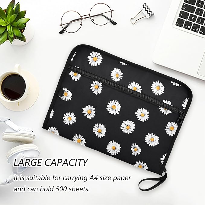 Expanding File Folder White Daisy Flower Black Accordion File Organizer 13 Pockets Document Organizer with Zipper Labels A4 Letter Office Storage