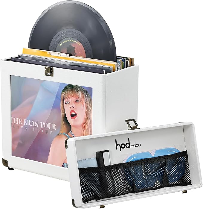 Hododou Vinyl Record Storage Box with Lock Record Organizer Storage for 30+ Single Records 12-inch Water Resistant Collapsible Storage Crate with Lid Handle Mesh Pouch for Vinyl Collect Acrylic White