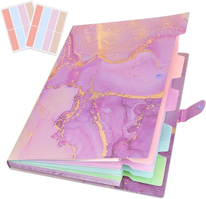 Expanding File Folder, Aesthetic Folders for School, Accordion File Organizer, Aesthetic Folder with Labels,5 Pockets Important Document Folders for School Office Home(Purple Gold)