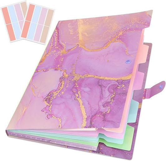 Expanding File Folder, Aesthetic Folders for School, Accordion File Organizer, Aesthetic Folder with Labels,5 Pockets Important Document Folders for School Office Home(Purple Gold)
