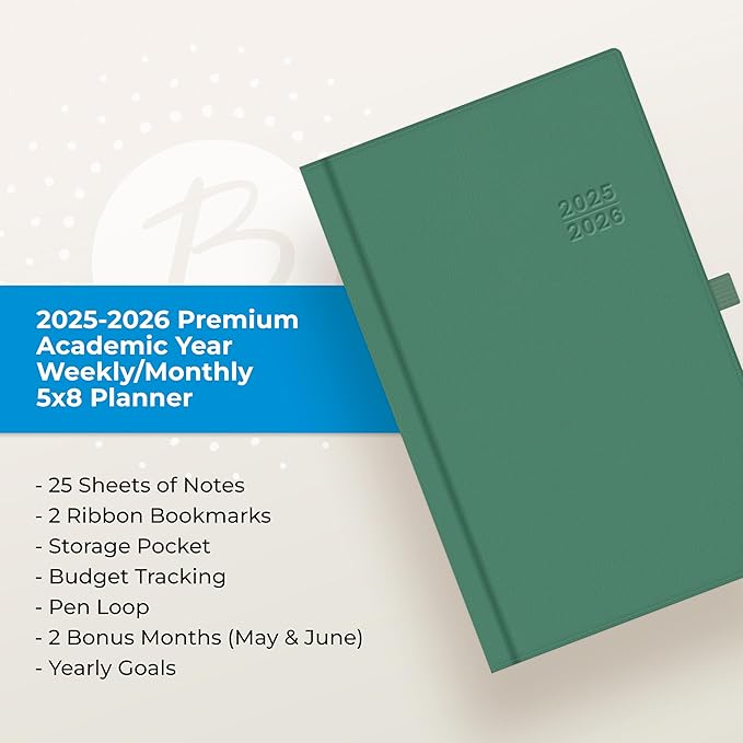 Blue Sky 2025-2026 Weekly and Monthly Academic Year Planner Calendar, July 2025 - June 2026, 5" x 8", Faux Leather Hard Cover, Bookbound, Laminated Tabs, Storage Pocket, Rio Green