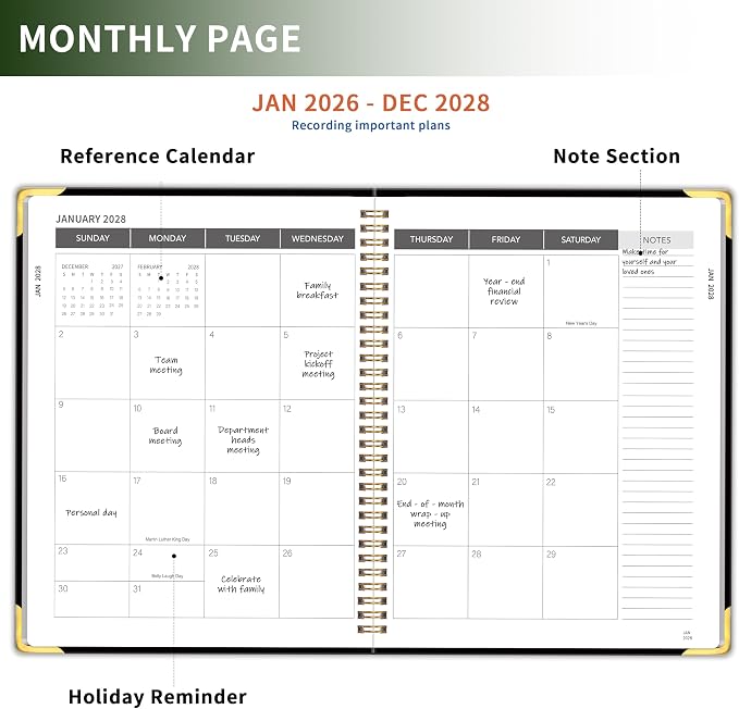 Monthly Planner 2026-2028, Hardcover with Metal Corner 3 year calendar 2026-2027-2028 Calendar Book from Jan 2026 - Dec 2028, 9“ x 11”, Spiral Bound,Organizer for Office, School, and Home, Black