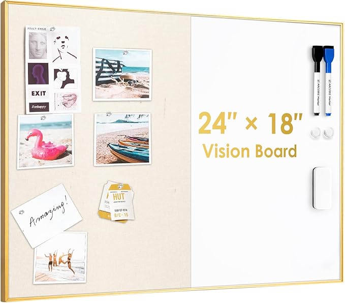 ARCOBIS Dry Erase Cork Board Combo, 24"X18" Whiteboard with Linen for Wall, Magnetic Dry Erase Bulletin Board, Vision Board for Home, Office, School, Off White