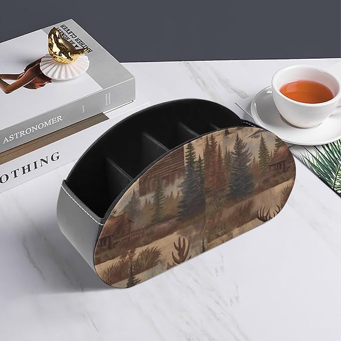 Rustic Lodge Bear Moose Remote Control Holder Desk Storage Organizer Box PU Leather Remote Caddy with 5 Compartments Fashionable Pen Storage Box Modern Desktop Organizer