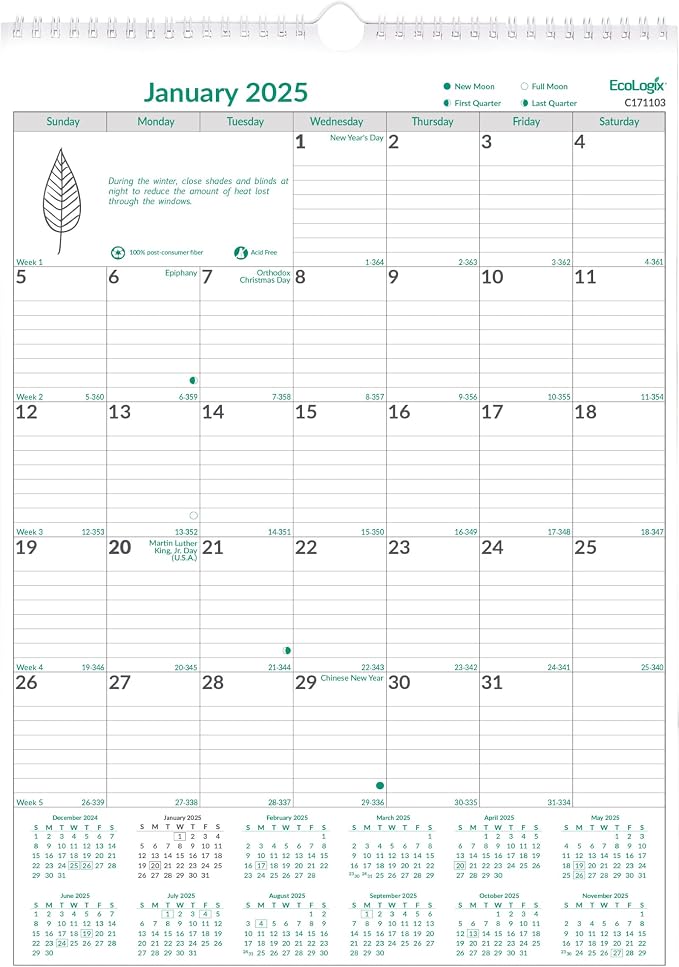 Brownline® 2025 EcoLogix® Monthly Wall Calendar, 12 Months, January to December, Twin-Wire Binding, 12" x 17", Recycled (C171103-25)