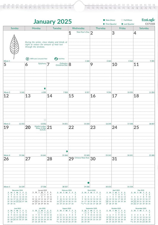 Brownline® 2025 EcoLogix® Monthly Wall Calendar, 12 Months, January to December, Twin-Wire Binding, 12" x 17", Recycled (C171103-25)