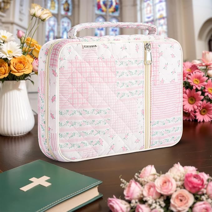 WOBAGMEN Bible Cover Case for Women,Large Bible Tote Bags Organizer Quilted Carrying Case for Girls,Bible Study Supplies Accessories Christian Gifts for Women (Pink Floral pin, L)