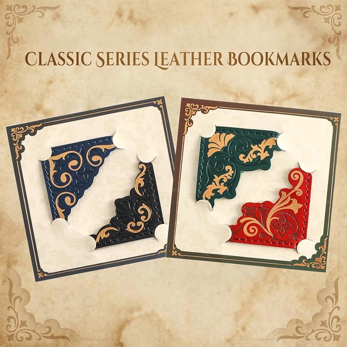 4 PCS Vintage Leather Bookmarks, Elegant Gold Stamped Corner Bookmark Retro Pattern Book Mark Book Accessories Gifts for Book Lovers Women Girls