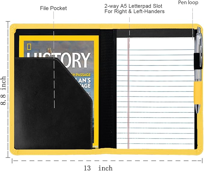 Padfolio/Portfolio Binder, Mini Padfolio Portfolio Binder 5 x 8 Legal Writing Pad, A5 Document Organizer Folder for Men Women, Yellow