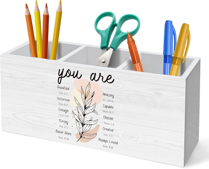 You Are Beautiful Christian Pen Holder for Desk Decoration, Botanical Religious Wooden Box Sign Pencil Holder Organizer for Home Office Desk Accessories, Christian Inspirational Gifts