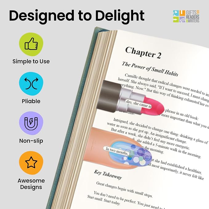 Gifts for Readers & Writers Linemarker Bookmark, 2 Pack Magnetic Bookmarks, Includes Line Finder Slit for Line Tracking, Small & Cute Stationery, Book Page Holder, Reading Accessories, Lips & Nails