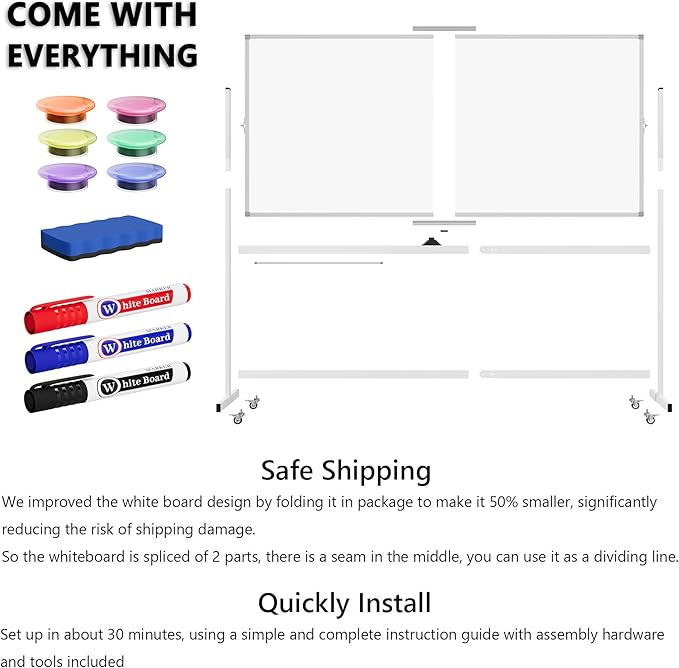 Large Rolling Whiteboard on Wheels, 72" x 36" Double-Sided Mobile White Board with Stand, 6' x 3' Portable Standing Magnetic Dry Erase Board Easel for Home Office Classroom School, Silver