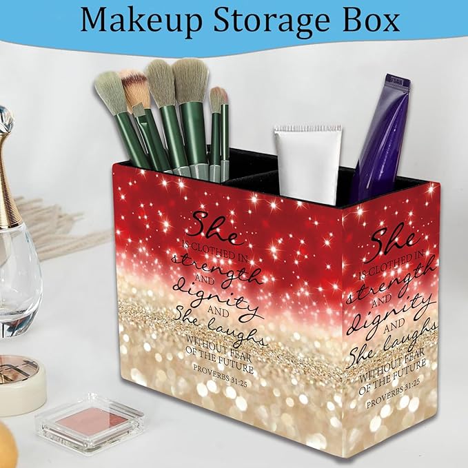 Pen Holder, Pencil Case, Makeup Brush Storage Box, Tableware Storage Box, Suitable for Office Or Home Item Organizing Stand - Red Glitter Quote Proverbs 31-25