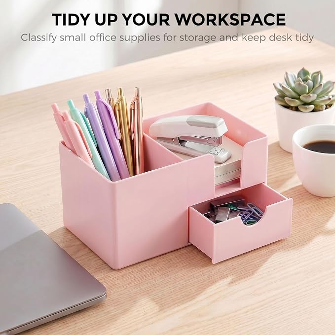 SKYDUE Small Desk Organizer with Drawer | 3 Compartments, Desk Pen Holder, For Home, School, Classroom & Office