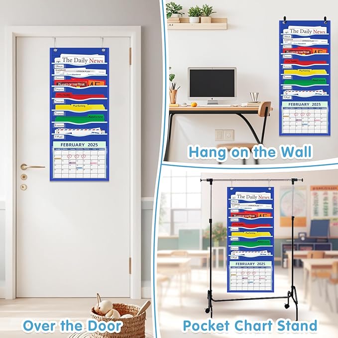 ALSLEA 15" Extra Wide Hanging File Organizer with 8 Pockets - Heavy Duty Classroom Pocket Chart, Wall Mounted Document Organizer with Writable Clear Pocket, 5 Wall/ Door Hooks & 12 Labels (Blue)
