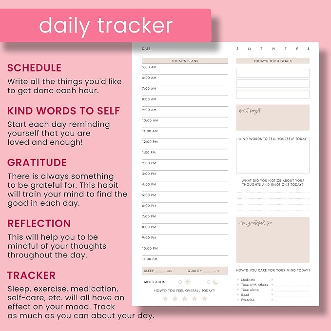 CanPlan Mental Health Planner - Self Care Gift for Women, Mental Health Journal, Book, Anxiety, Depression, ADHD Planner and Tracker, Self Love Self Care Journal, Wellness Planner, Pink