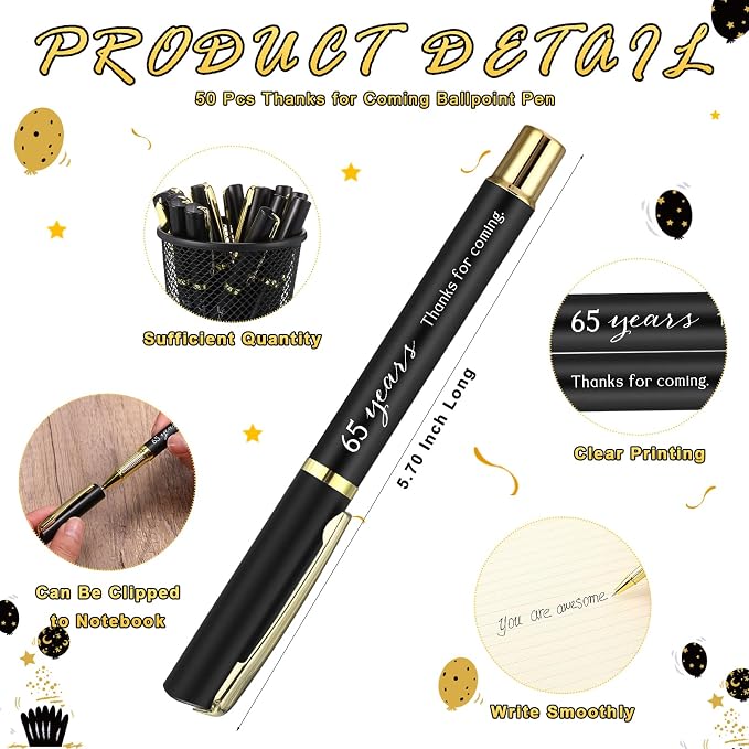 Spakon 25 Set 65th Birthday Party Favor for Guest Anniversary Party Favor Golden Birthday Bookmark Thanks Coming Pen with Tag Appreciation Gifts for Women Men Wedding Anniversary