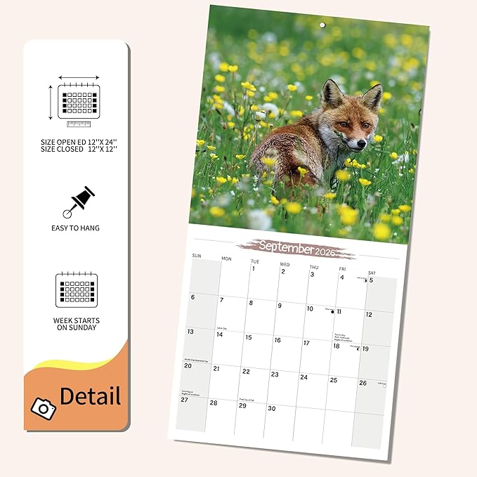 2026 Wall Calendar Fox Planner Calendar, Hangable Monthly Wall Calendar with Large Blocks for Organizing & Planning, Academic Schedule, Home, Office & Family, Thick & Sturdy Paper (12"x24" Open)