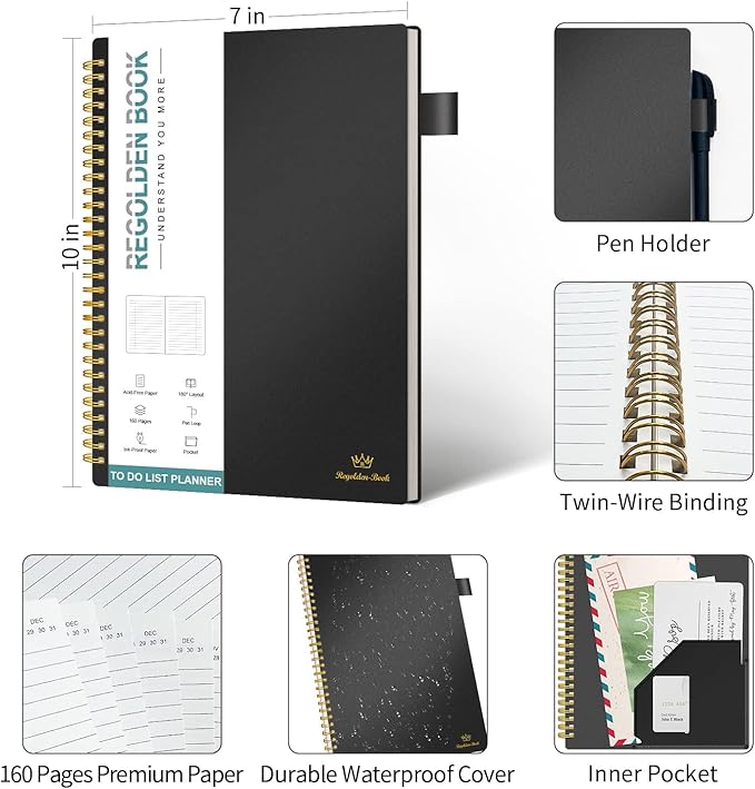 Regolden-Book To Do List Notebook, Daily Planner for Work, Project Tasks & Personal Organizer, Checklist Man/Women, Pocket, Pen Loop, 160 Pages (7"x10")