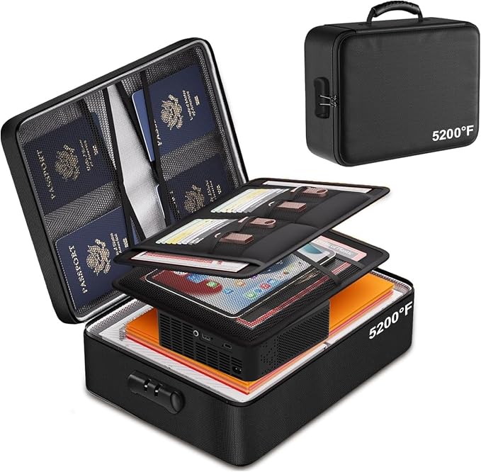 Fireproof Document Box, Multi-Layer Heat Insulated Fire and waterproof office bag with lock，Portable family outdoor travel bags are suitable for storing important documents and valuable.